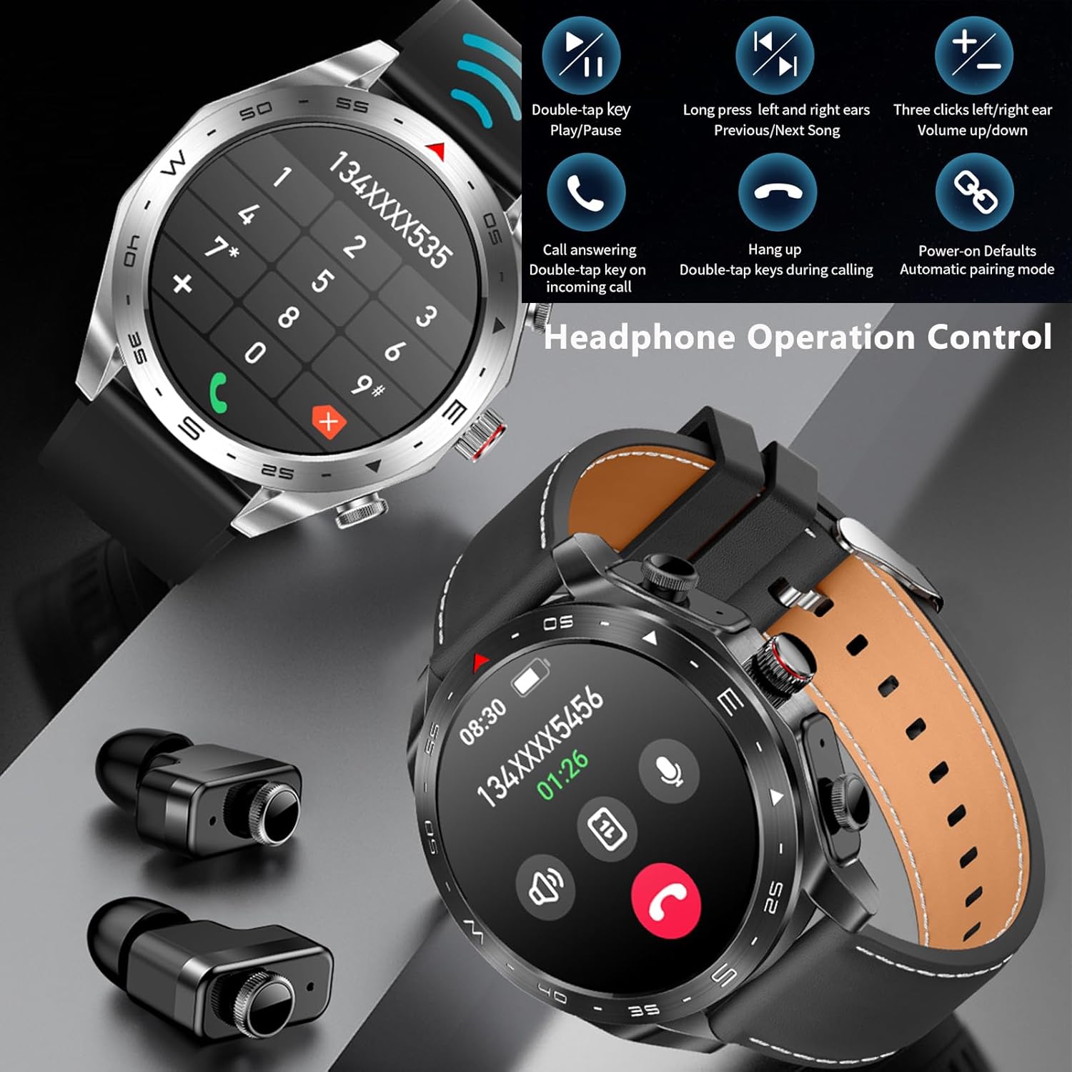 Military Smart Watch with Earbuds,Round 1.52” HD Big Screen (Make/Answer Calls),Fitness Tracker with Sleep Monitor, 100+ Sports Modes,for iPhone & Android Phones Men and Women