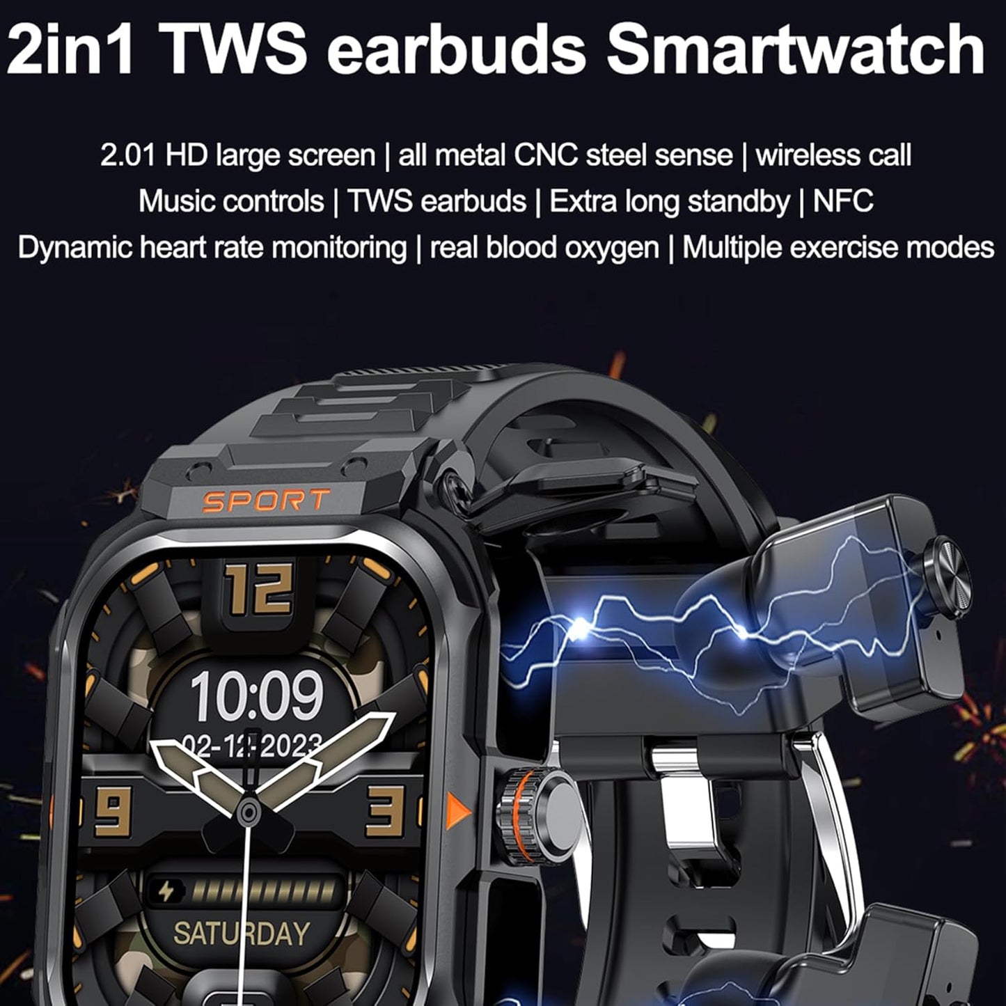 Military Smart Watch with Earbuds for Men(Call Receive/Dial), 2.01" HD Outdoor Tactical Rugged, Sports Fitness Tracker with Step,Calories,Sleep Monitor,Heart Rate Monitor for iPhone Android