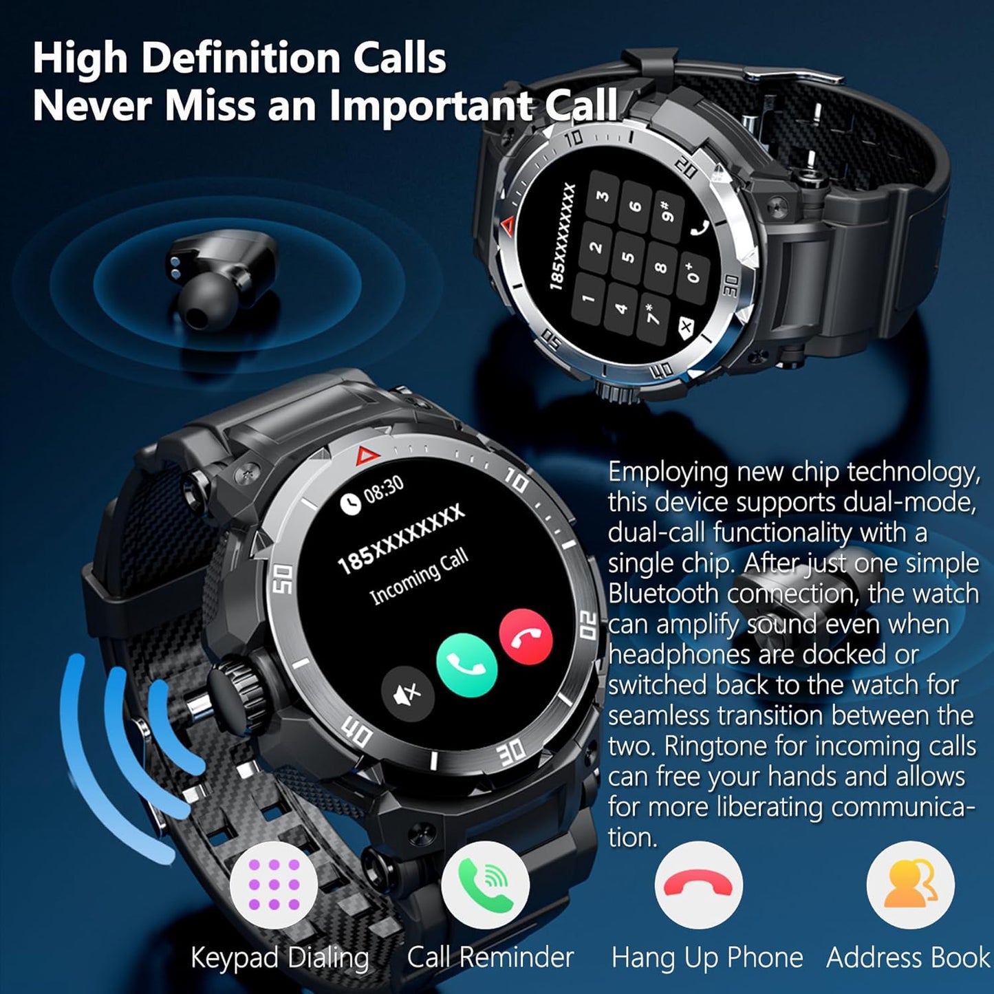 Military Smart Watch with Earbuds for Men,1.46'' Round HD Fulltouch Screen Rugged Tactical Fitness Watch, Calories,Sleep Monitor,Heart Rate Monitor for iOS & Android,100+ Sports Modes